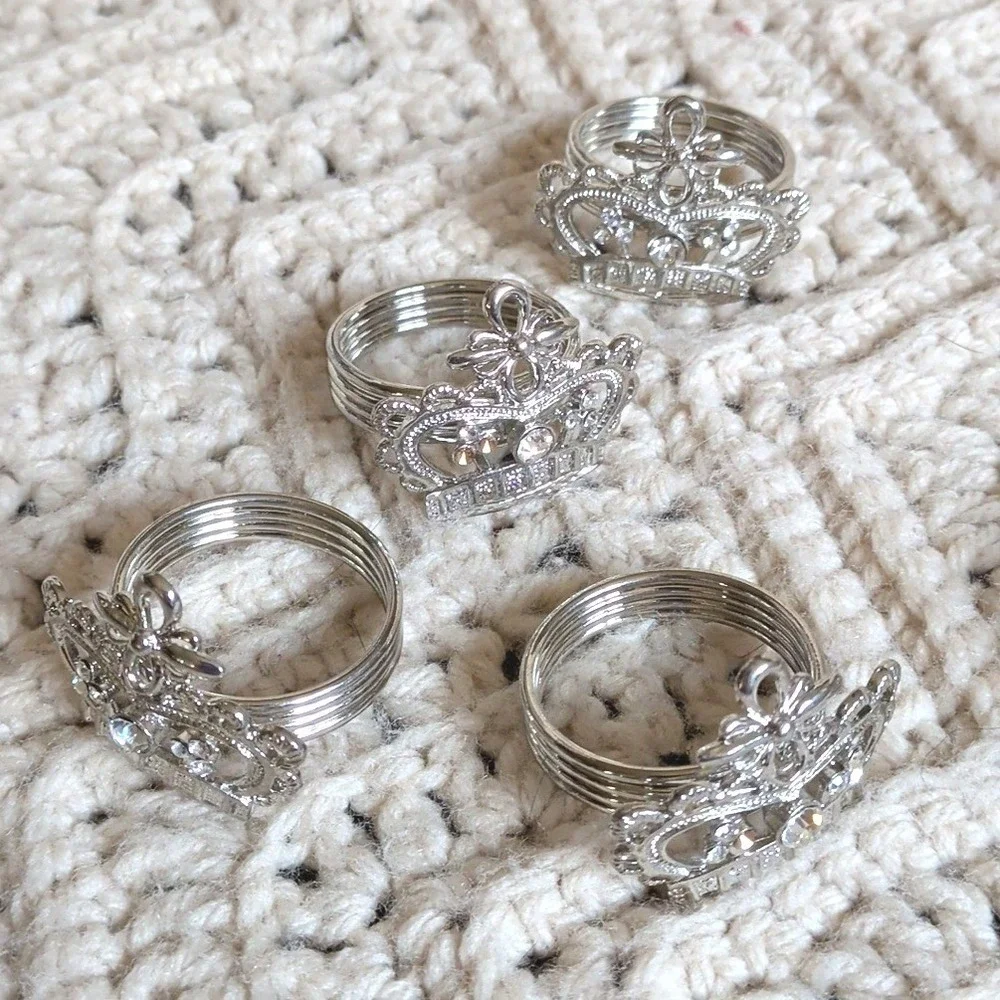 Silver Crown Napkin Rings Set of 6 Rhinestone Tiara Princess Table Decor
